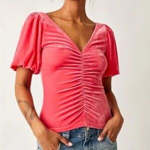 Free People Ruched Velvet V-neck
Top In Strawberry Spritz Ruched
